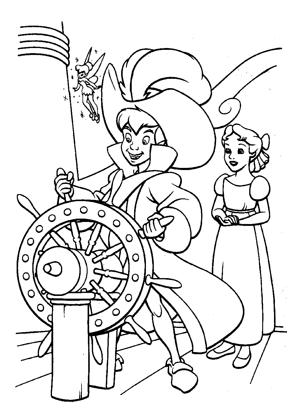 coloriage peter pan aux commandes du bateau pirate